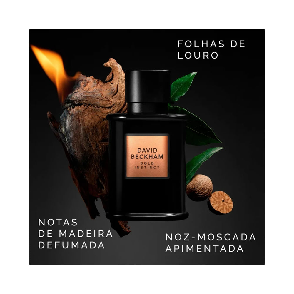Frasco do perfume David Beckham Bold Instinct com elementos naturais como madeira defumada e noz-moscada